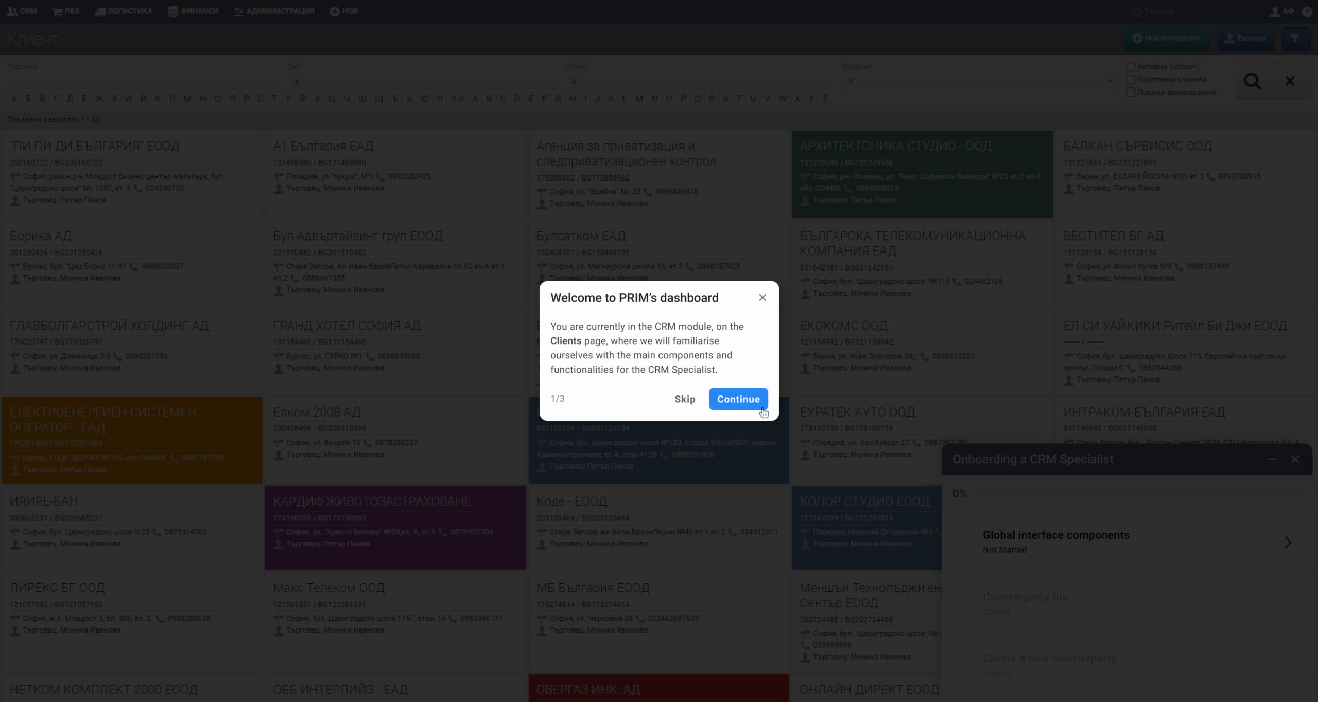 A Welcome to the onboarding journey modal highlighted in front of the Client page of a legacy ERP system, which is visible on the background.